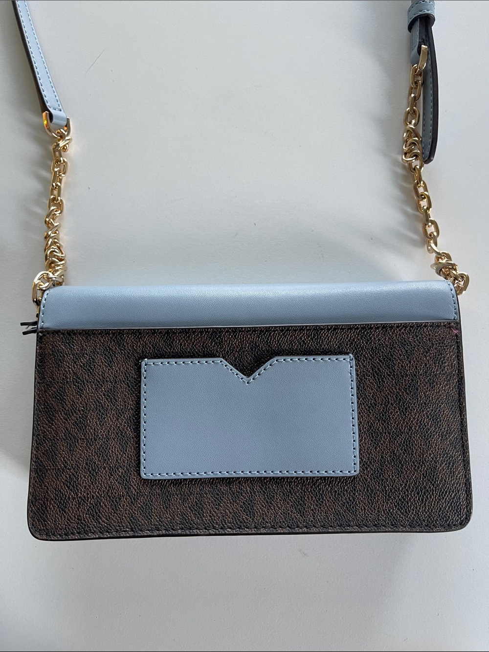 Michael Kors Two-Tone Envelope Crossbody in Light Blue and Brown - Picture 7 of 13